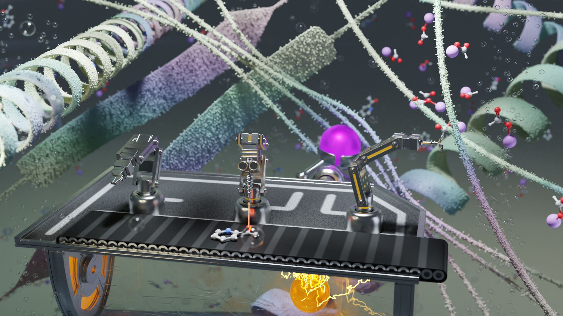 The video showcases the concept of artificial metalloenzymes, which are molecules that have been engineered to have the catalytic properties of enzymes. The video begins by showing a series of small molecules, which represent reactants, moving along an assembly line. As the molecules move, they encounter metals that have been embedded within the environment. These metals are responsible for catalyzing the reactions that are needed to transform the reactants into new products. Throughout the video, we see how the different metals interact with the reactants to form new molecules. The process is highly complex, but the video does an excellent job of breaking down the steps involved. Overall, the video provides an excellent introduction to the world of artificial metalloenzymes and how they can be used in various industries.